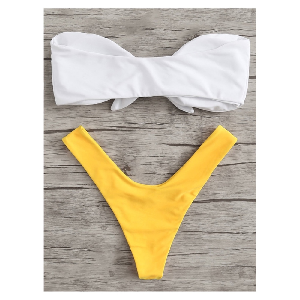 White Yellow Front Knot Bandeau High Leg Bikini - Picture 6 of 6